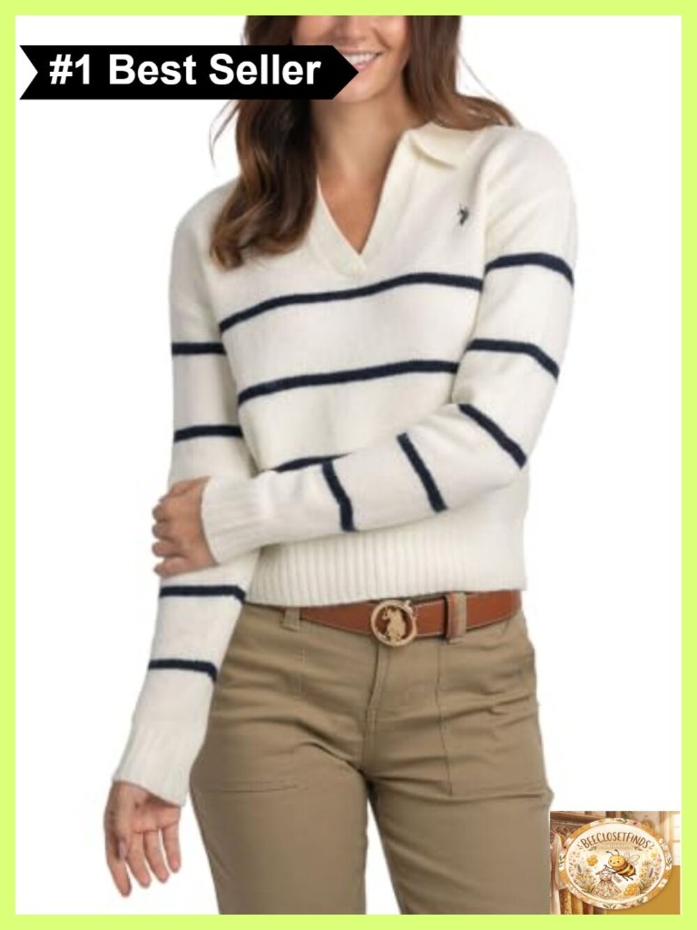 Women's Cable Knit Pullover Sweater Johnny Collar Striped Ribbed Trim